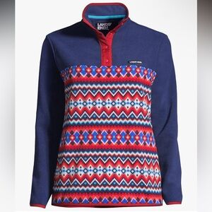 Lands' End Snap Neck Heritage Fleece Pullover Red/Navy Chevron Fairisle Size L